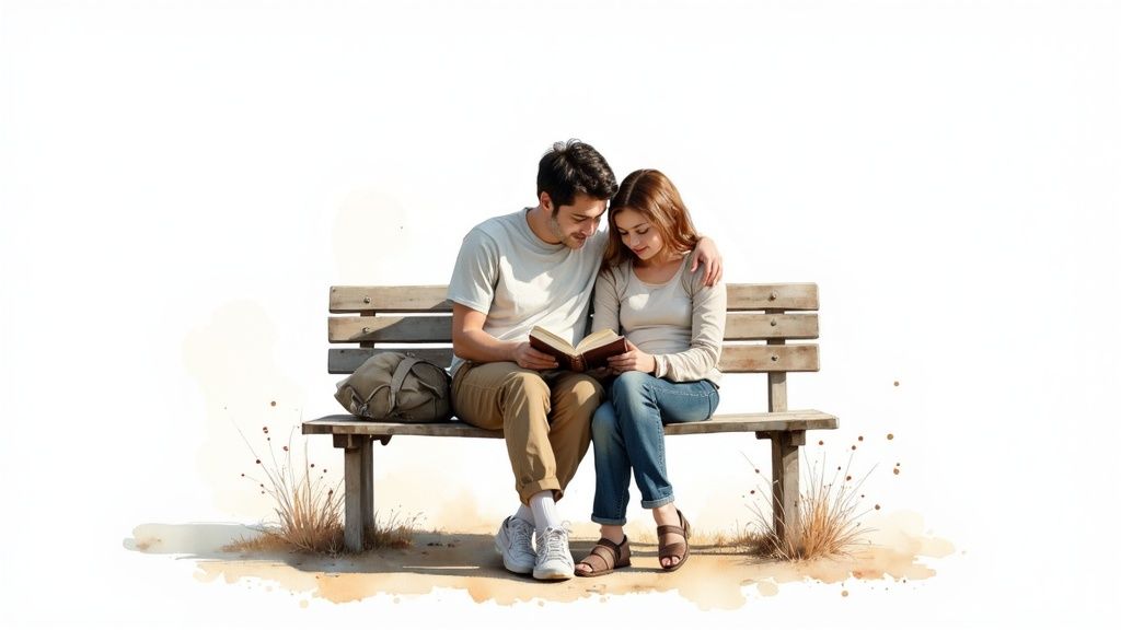 Young couple sitting on park bench reading book together in peaceful outdoor setting