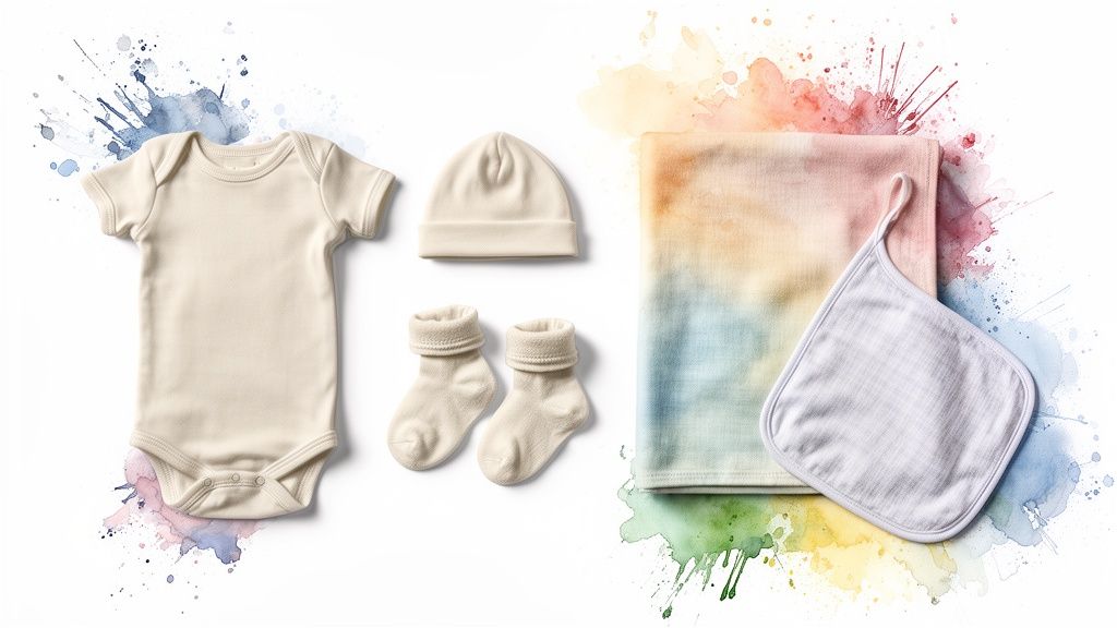 Organic baby clothes set featuring a onesie, hat, socks, swaddle, and burp cloth.