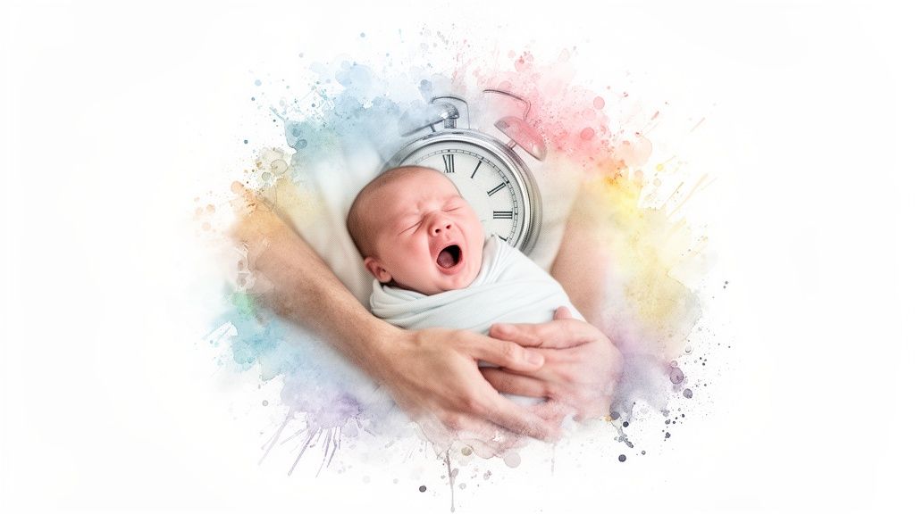 A yawning newborn baby wrapped in a blanket, held by hands, with an alarm clock behind.