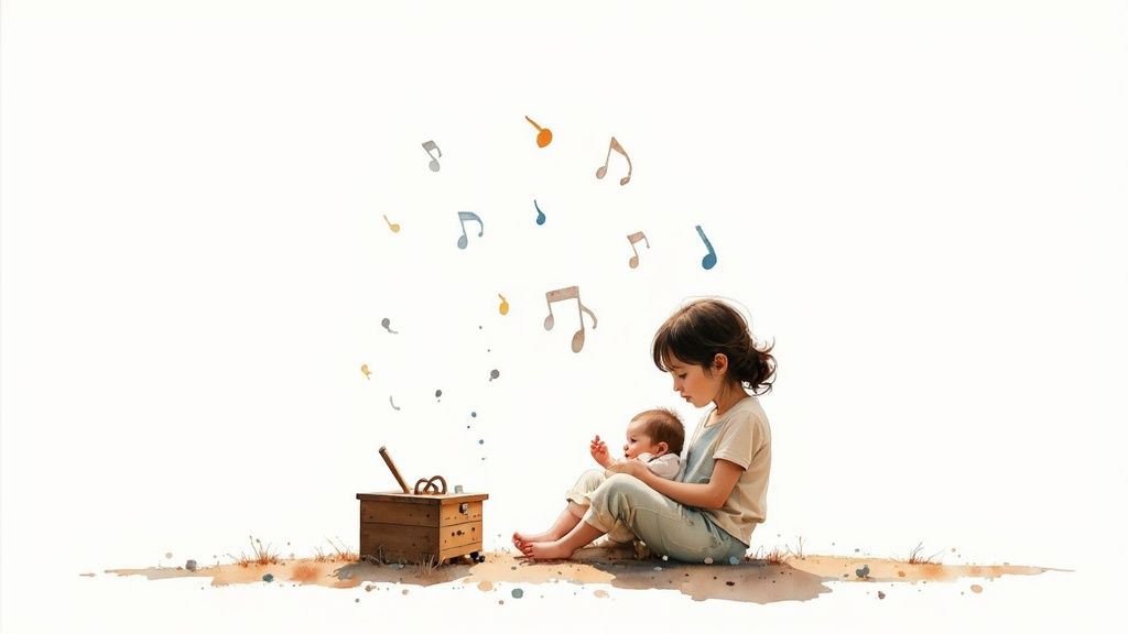 A young girl holds a baby next to a music box, with colorful musical notes floating.