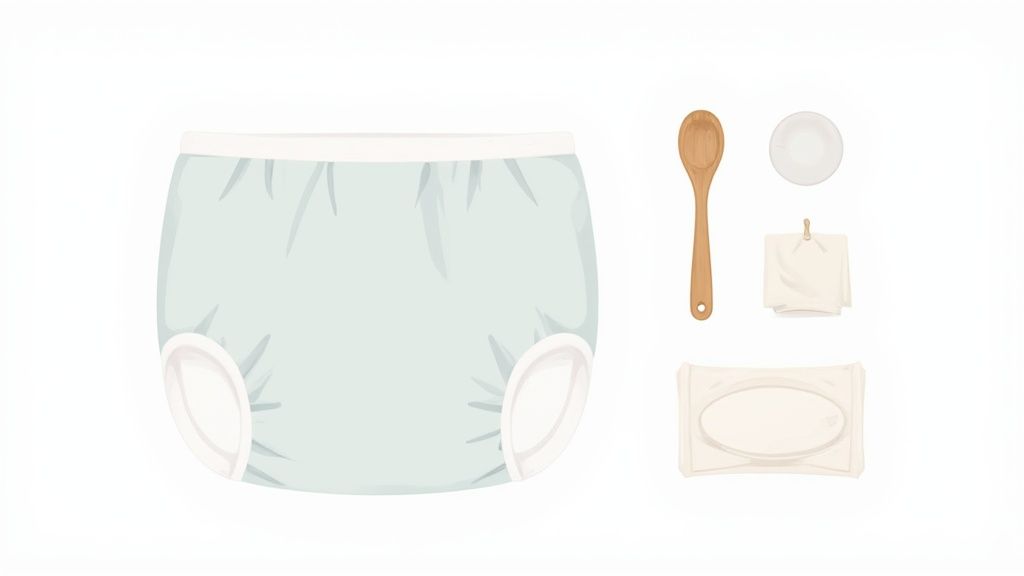 A modern cloth diaper and reusable cloth wipes neatly folded next to a bamboo baby plate.