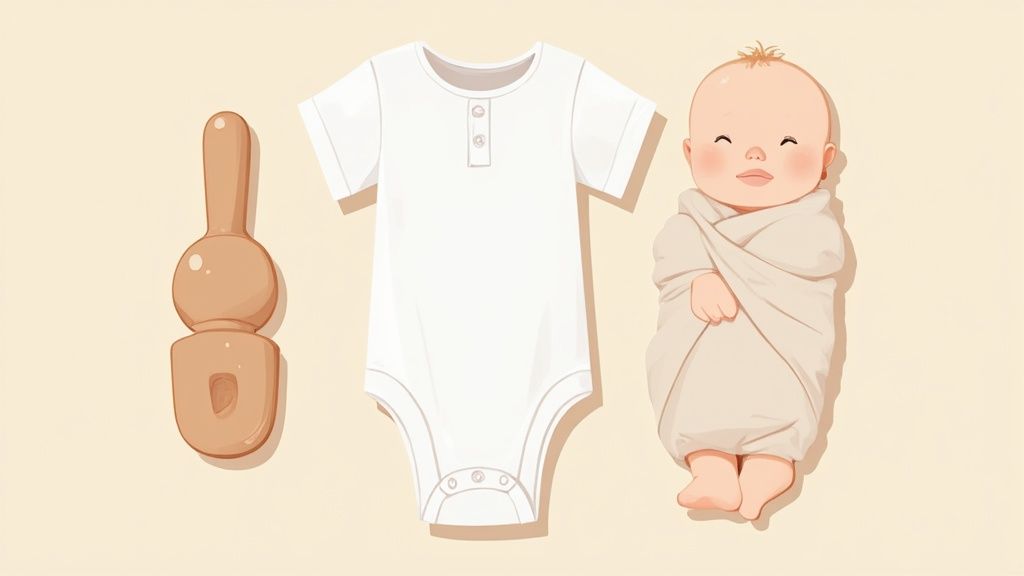 A cozy nursery scene featuring a macrame play gym and organic cotton onesies.