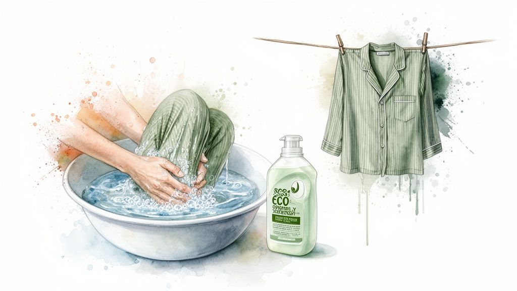 Watercolor illustration of hands hand-washing green striped pajamas with eco-friendly detergent and a shirt drying.