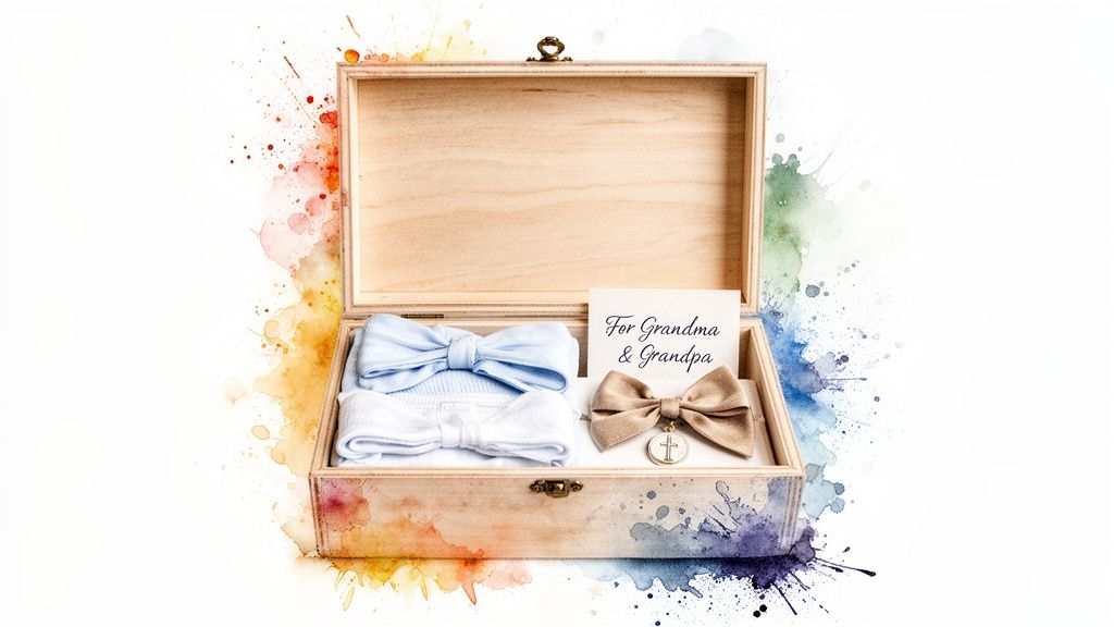 An open wooden gift box with watercolor design, containing baby hats, bows, and a 'For Grandma & Grandpa' card.