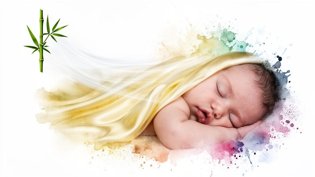 A peaceful sleeping baby wrapped in golden fabric, with green bamboo and colorful watercolor splashes.
