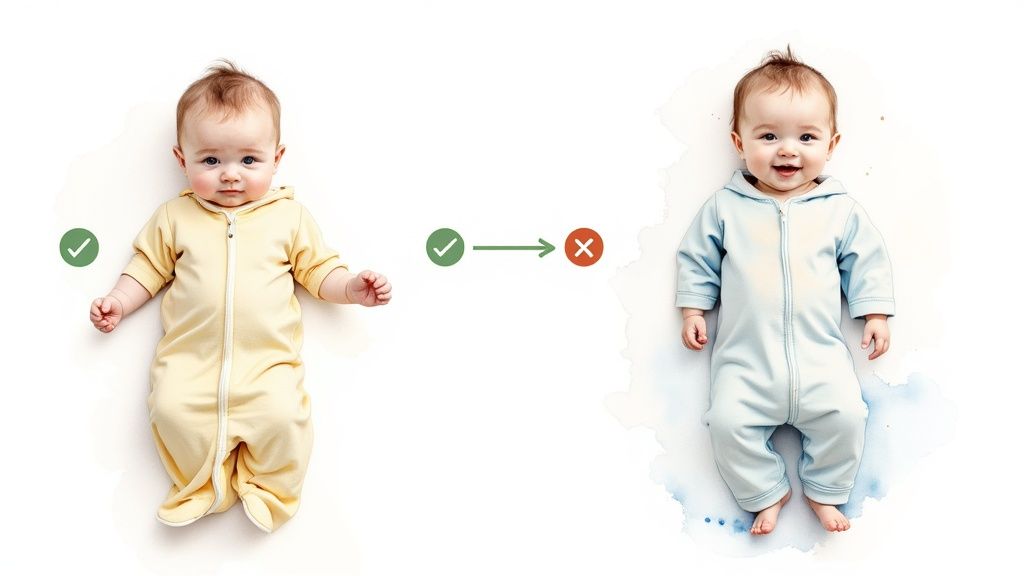 Two babies compare sleep sack sizing: a properly fitted yellow sack with a check, and a restrictive blue one with a cross.