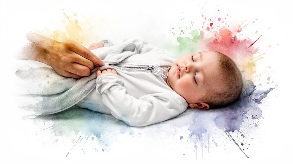 A hand gently zips white pajamas on a peaceful sleeping infant with vibrant watercolor splashes.