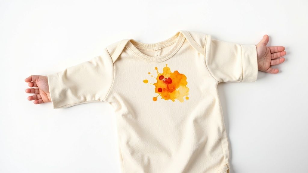 A cream baby onesie with a vibrant orange and red splattered food stain on its front, with baby hands visible.
