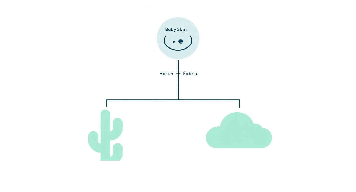 Infographic showing a decision tree for choosing between harsh and soft fabrics for a baby's skin.