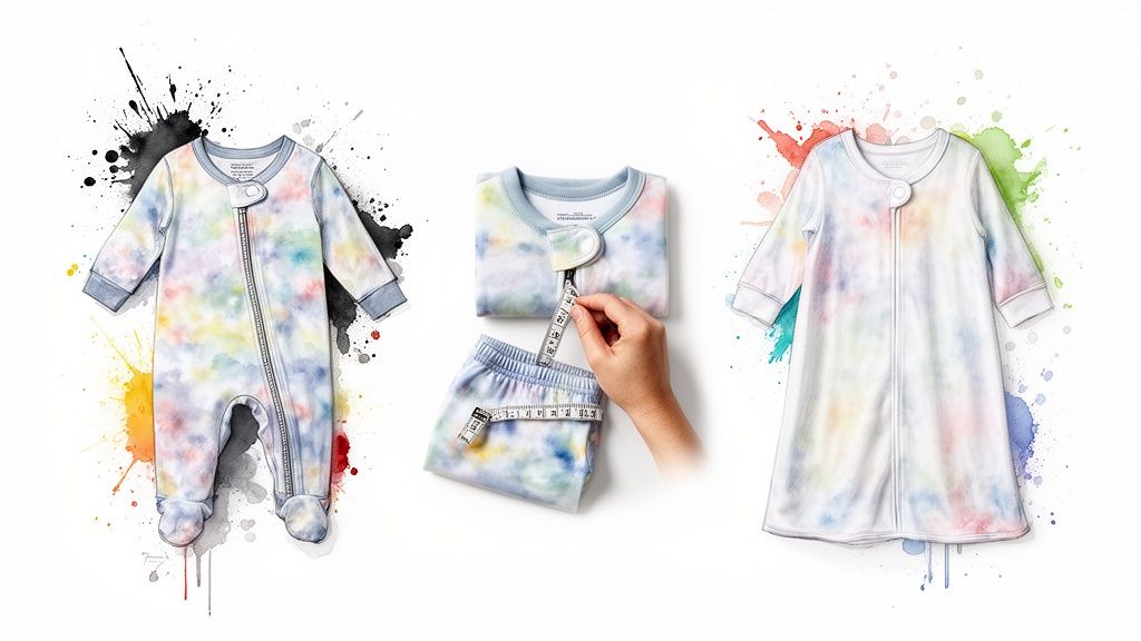 Three colorful tie-dye infant sleepwear items: a footed pajama, a set, and a sleep sack.
