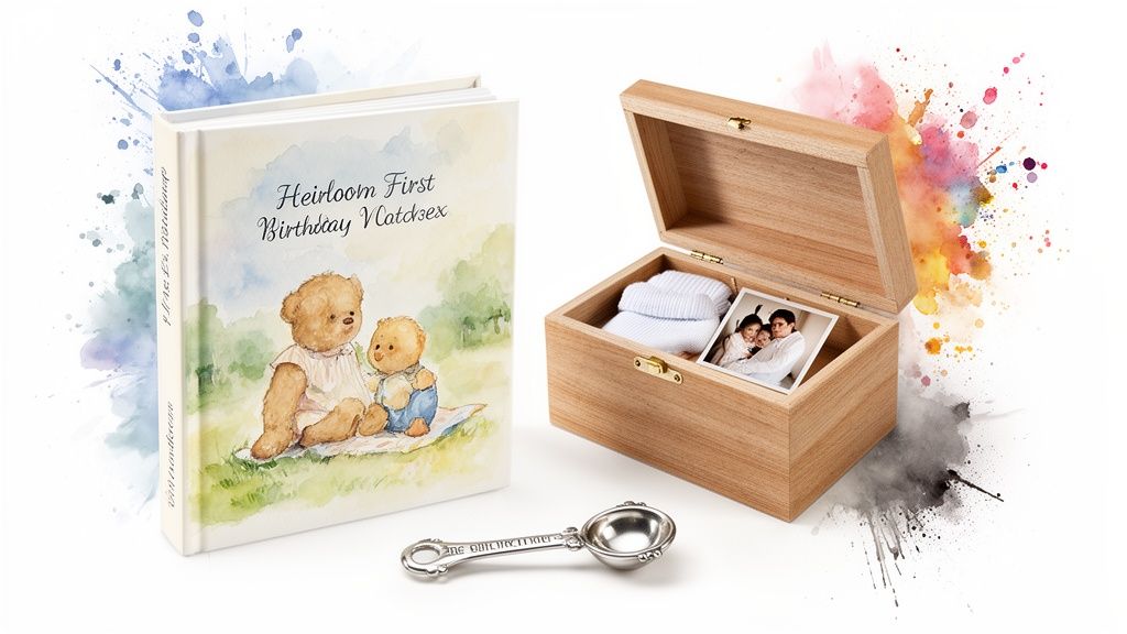 Meaningful first birthday gifts including an heirloom book, wooden keepsake box, baby clothes, and silver spoon.