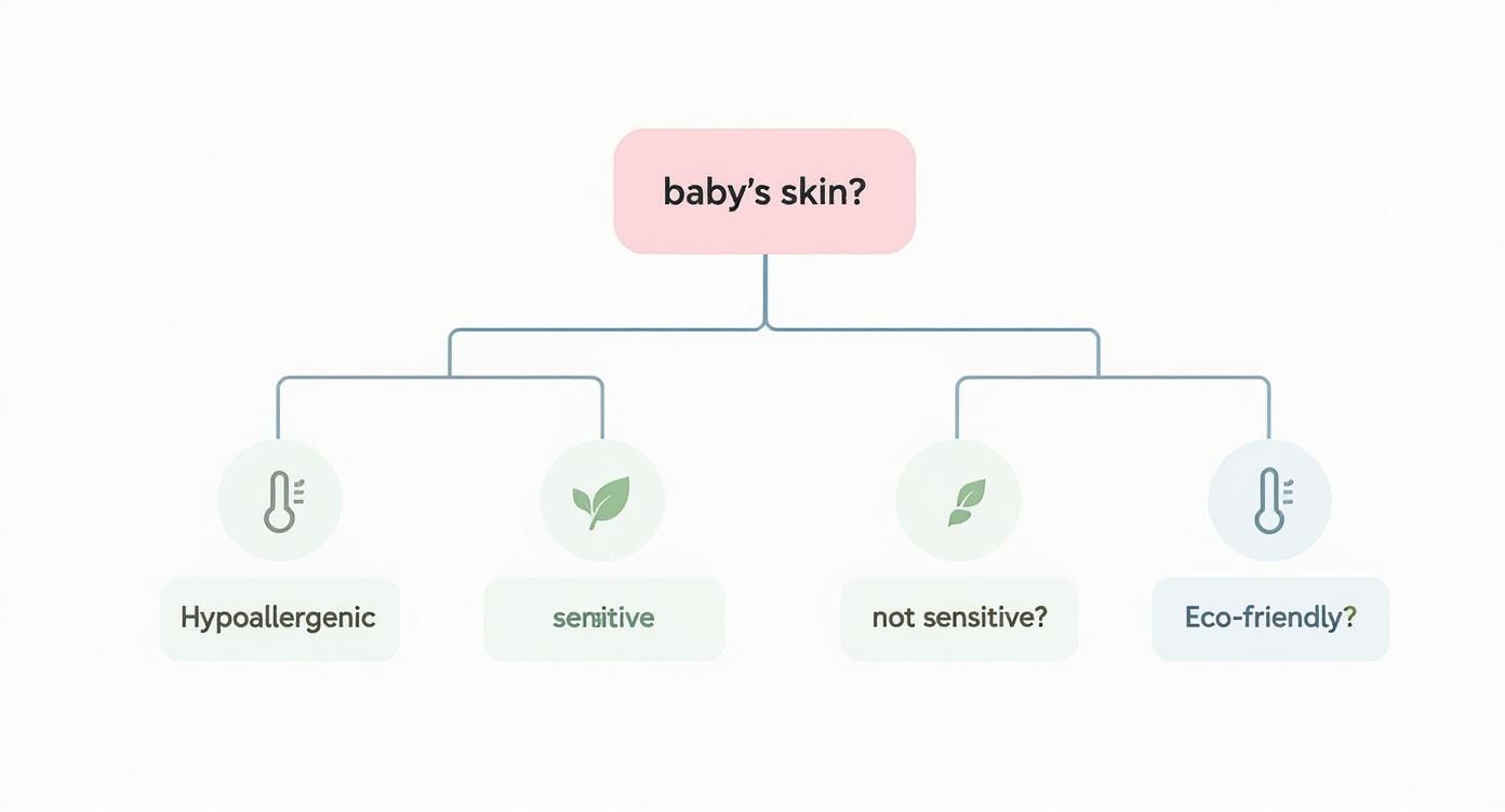A flowchart illustrating baby's skin characteristics including hypoallergenic, sensitive, not sensitive, and eco-friendly options.
