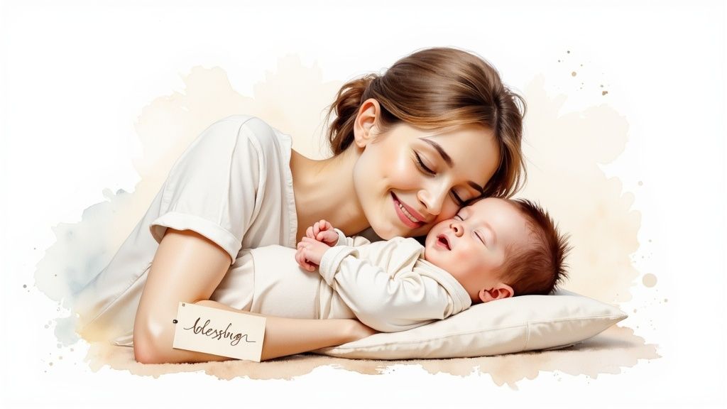 Mother peacefully bonding with sleeping newborn baby on white pillow in tender moment