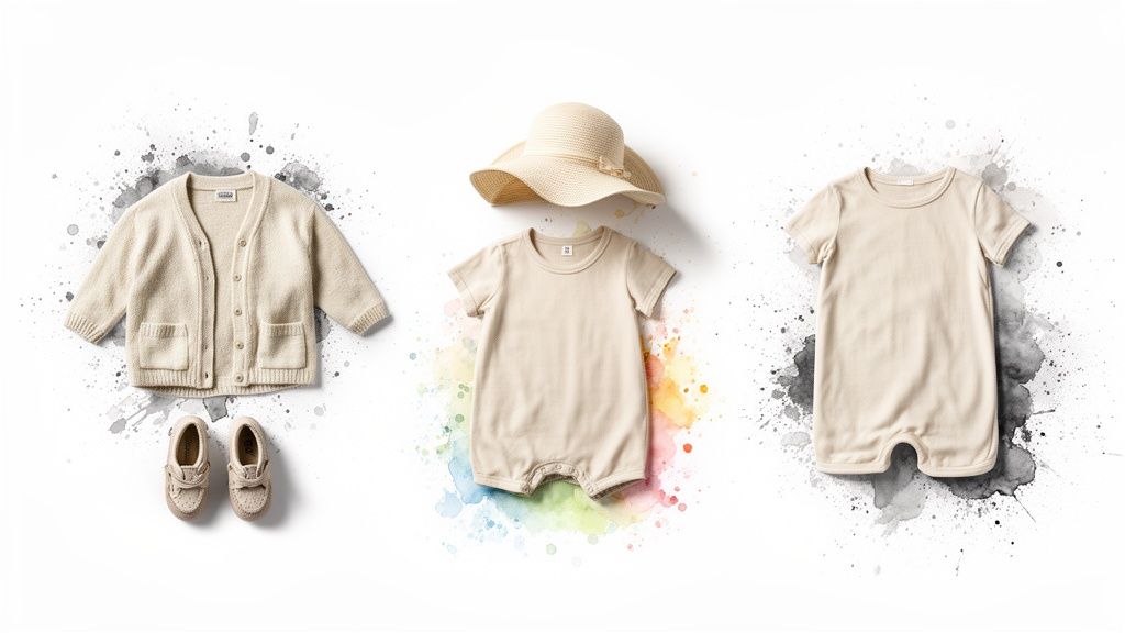 Flat lay of neutral-toned baby clothes: cardigan, rompers, shoes, and a hat on watercolor splashes.