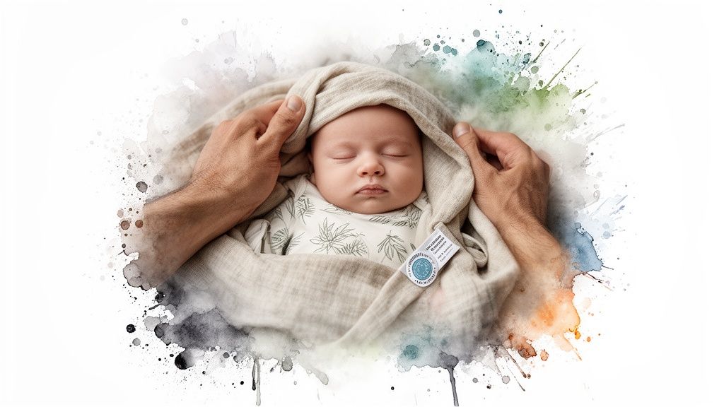 A peacefully sleeping baby wrapped in a light blanket, gently held by two adult hands with a watercolor effect.