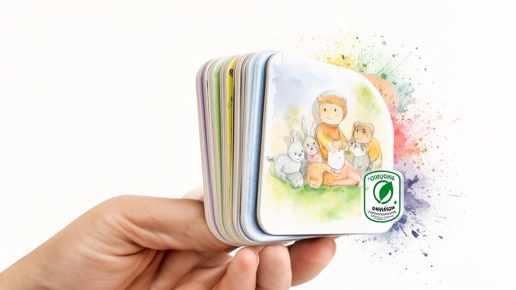 A hand holds a stack of illustrated children's board books with an eco-friendly label.