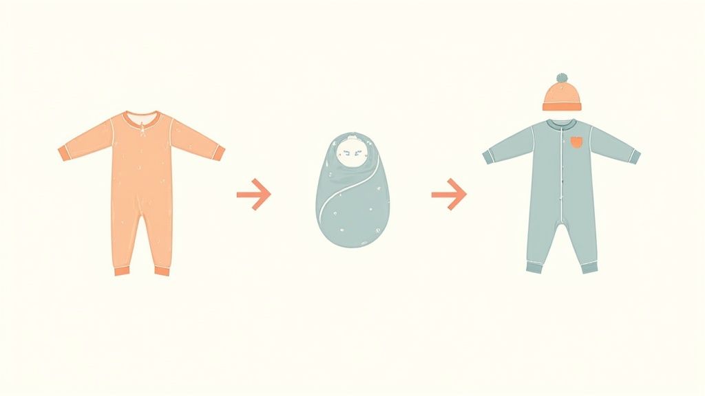 A curated baby gift bundle in a basket, featuring bamboo clothing and accessories.