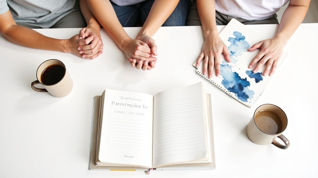 Three people planning family devotions with open journal, coffee cups, and watercolor notebook on white table
