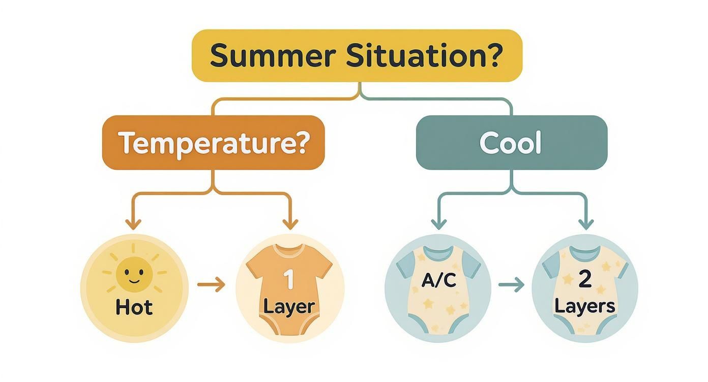 Flowchart illustrating summer newborn dressing: one layer for hot weather, two layers for cool A/C.