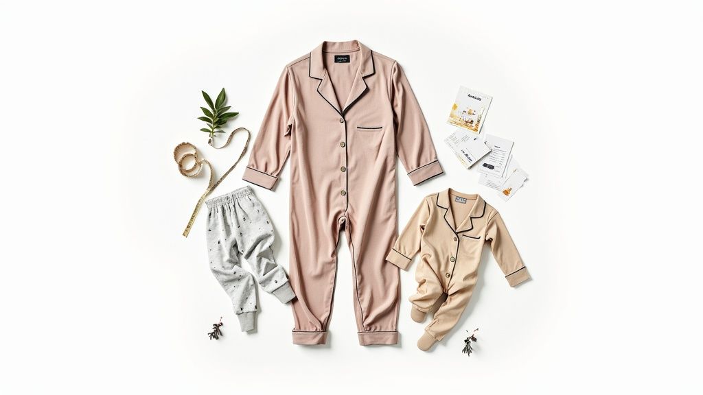 Pink adult and beige baby pajamas with grey child pants, styled with measuring tape and plant.