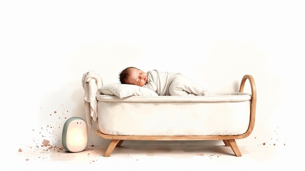 A baby peacefully sleeping in a crib, swaddled in soft clothing.