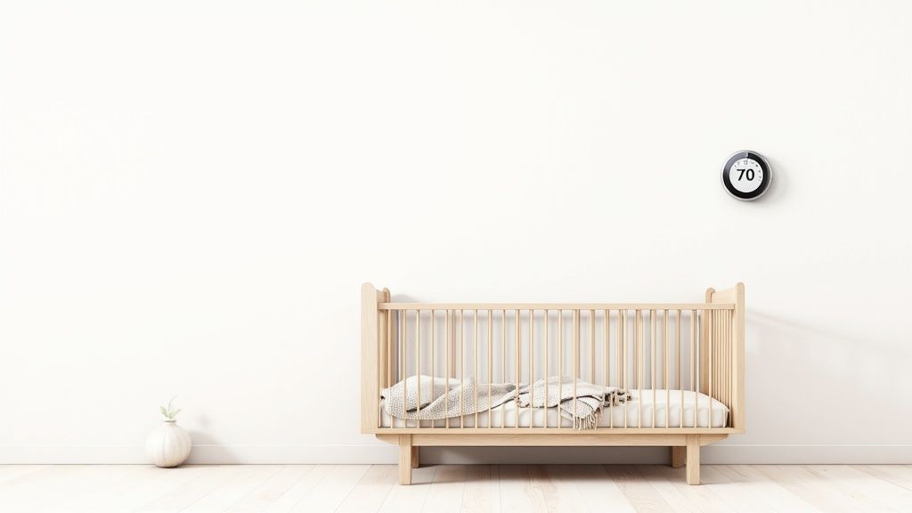 A baby sleeping soundly in a crib with a temperature gauge overlay showing 70°F
