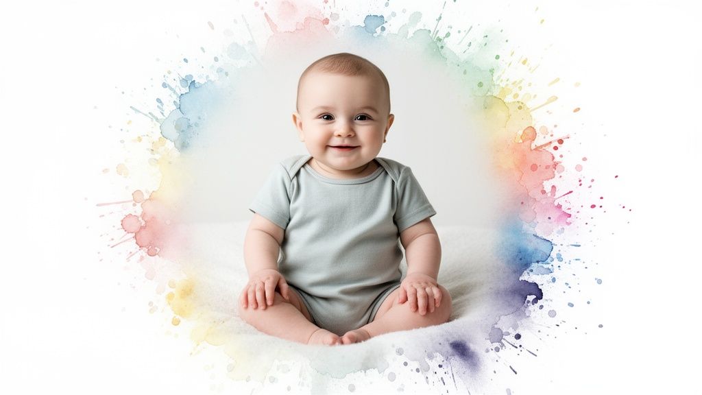 A cheerful baby in a grey short-sleeve romper smiles while sitting, surrounded by vibrant watercolor art.