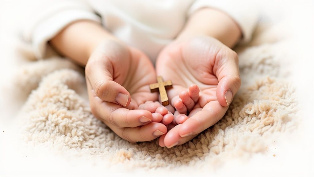 A beautifully wrapped Christian baby gift next to a small wooden cross and eucalyptus leaves.