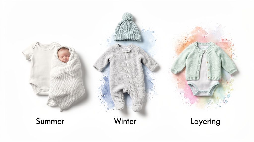 Three sets of newborn baby clothes for summer, winter, and layering, with watercolor splashes.