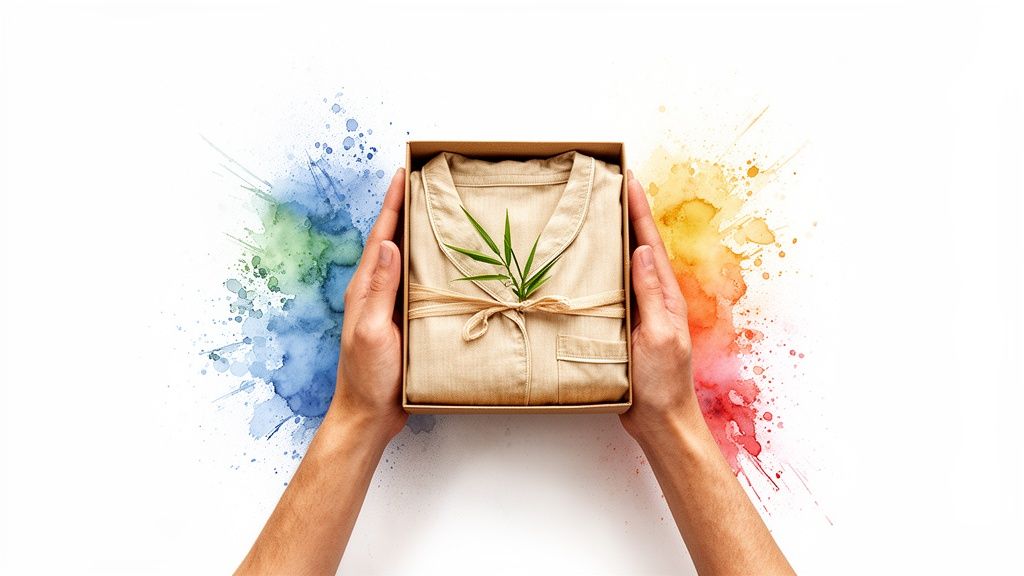 Hands holding a gift box with natural bamboo pajamas, decorated with a green leaf and watercolor splashes.