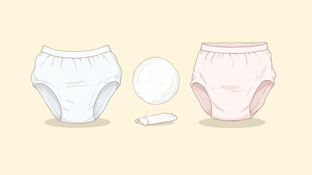 A collection of baby diapers, wipes, and cream on a changing table