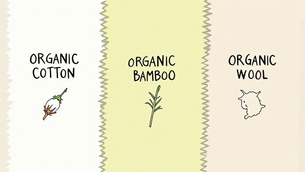 A selection of folded organic baby clothes in different fabrics like cotton, bamboo, and wool.