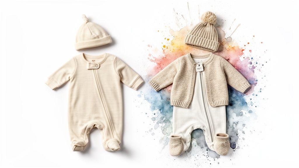 Two charming newborn outfits, one with a cream sleeper and beanie, the other with a white sleeper, knitted cardigan, pom-pom beanie, and booties on a watercolor background.