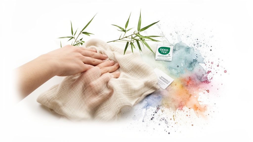 Close-up of hands gently touching a soft, natural fabric with bamboo leaves and OEKO-TEX label.