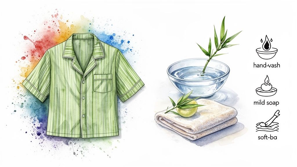 Green striped pajama top with bamboo, folded towel, and gentle fabric care instructions.