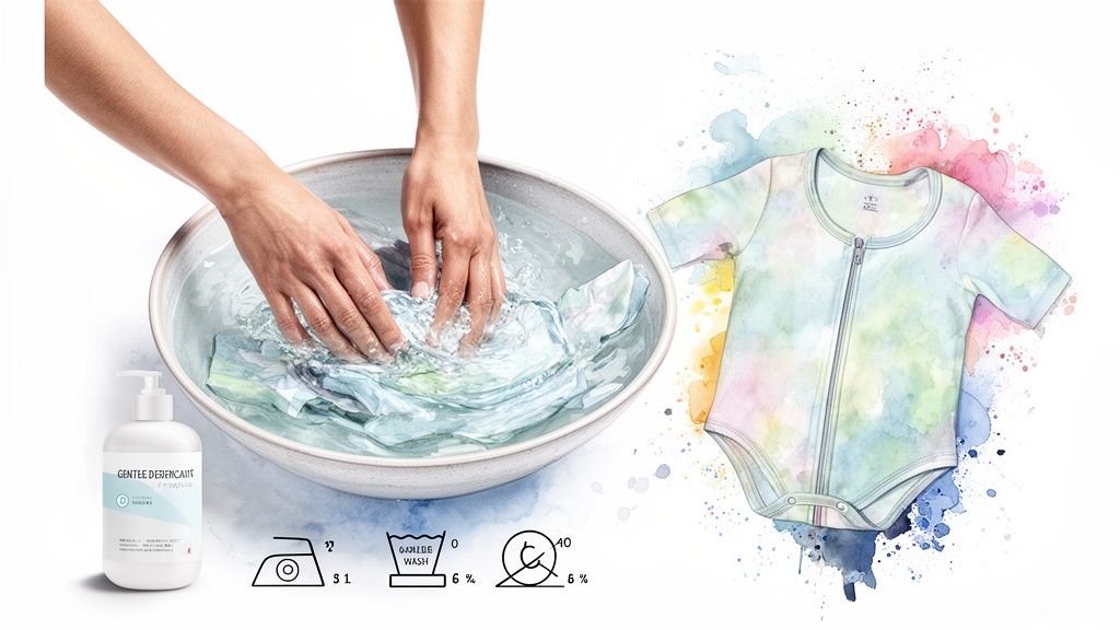 Hands gently washing colorful baby clothes in a bowl, with a detergent bottle and laundry symbols.