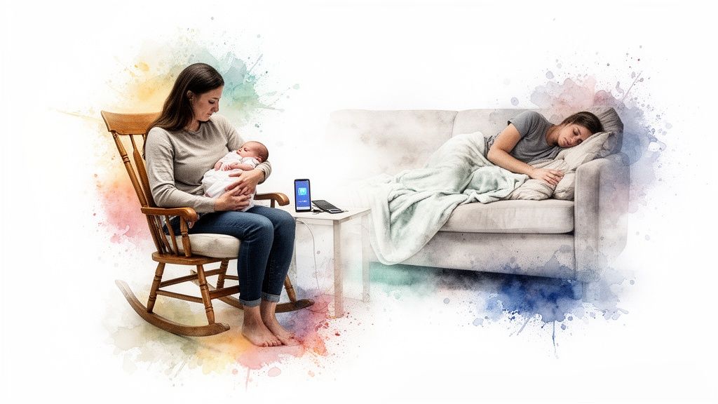 A mother rocks her newborn while another image shows her sleeping, illustrating the challenges of new parenthood.