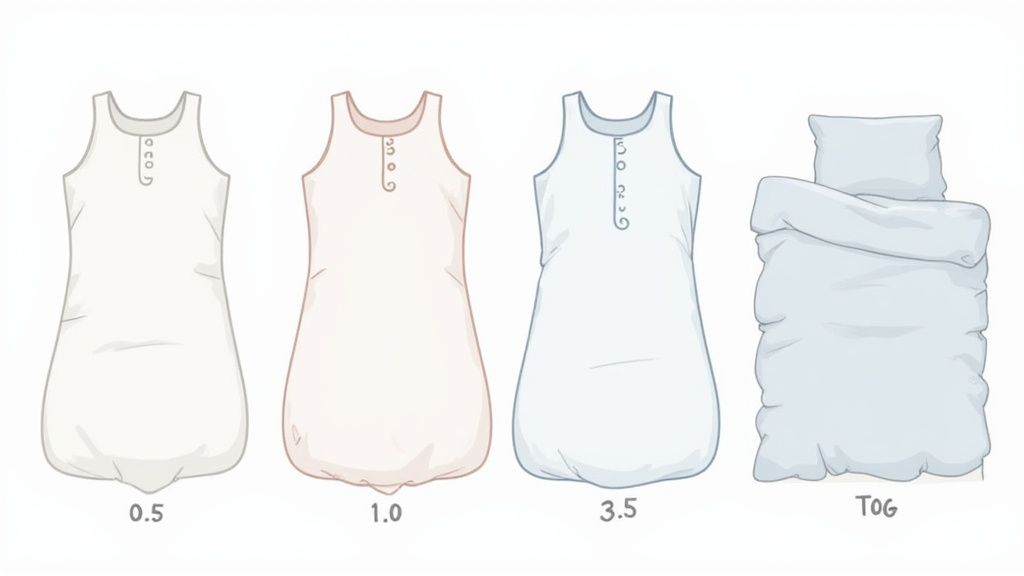 A collection of baby sleep sacks with different TOG ratings laid out neatly.