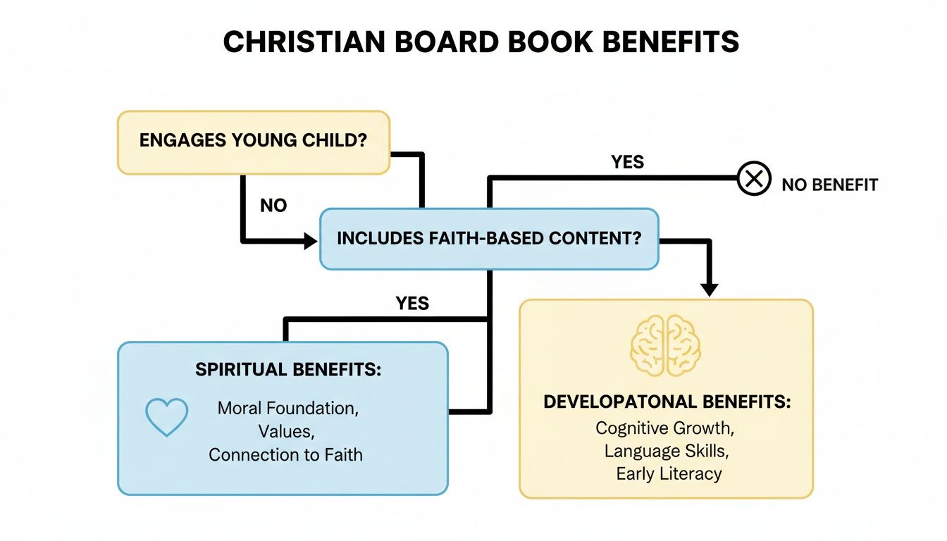 Flowchart illustrating spiritual and developmental benefits of Christian board books based on engagement and faith content.