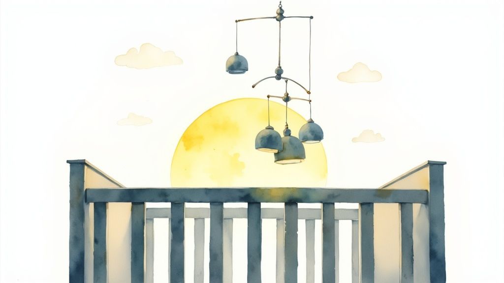 A serene watercolor illustration of a baby crib with a mobile, set against a large yellow sun or moon and clouds.