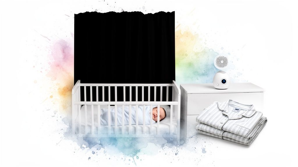 A peaceful newborn baby sleeps soundly in a white crib next to a baby monitor and folded pajamas.
