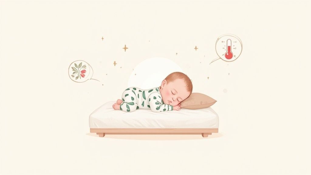 A baby wearing festive bamboo Christmas pajamas, sitting near a Christmas tree.