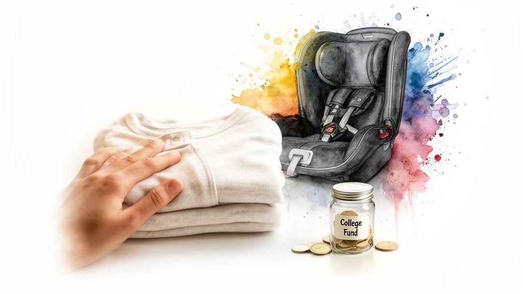 Hand touching baby clothes next to a child car seat illustration and a 'College Fund' jar.