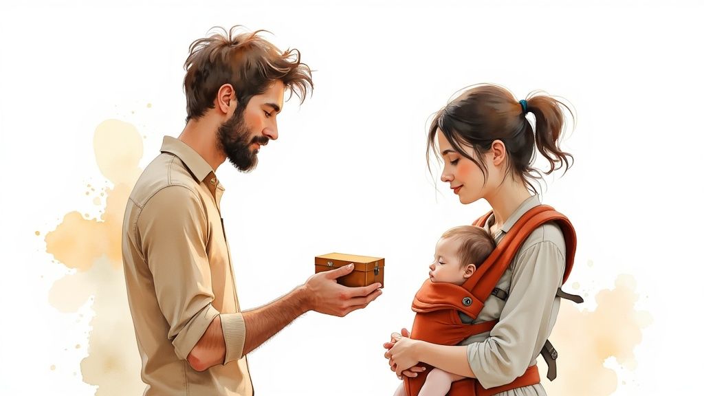 A smiling couple holding a baby and a small gift box.