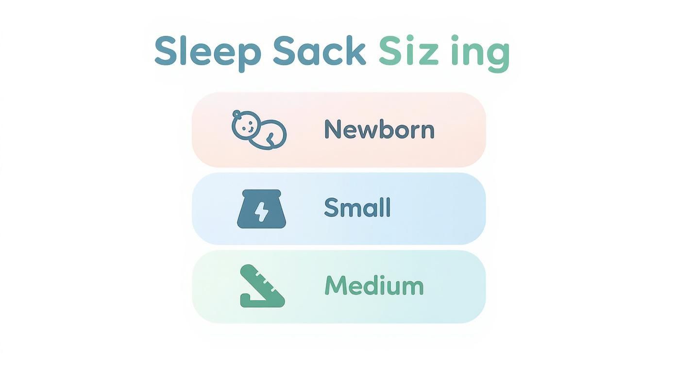 A sleep sack sizing guide showing options for Newborn, Small, and Medium sizes with corresponding icons.