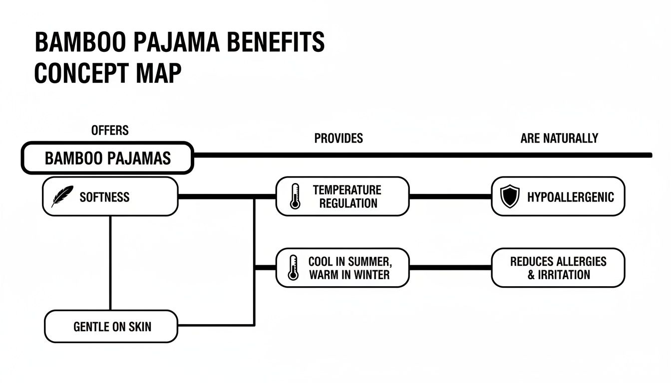 Concept map illustrating the benefits of bamboo pajamas, highlighting softness, temperature regulation, and hypoallergenic properties.