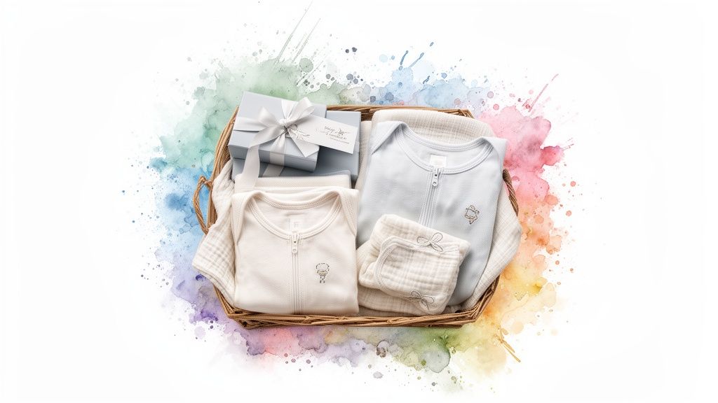 A curated baby gift basket featuring soft blue and cream rompers, blankets, and elegant gift boxes.
