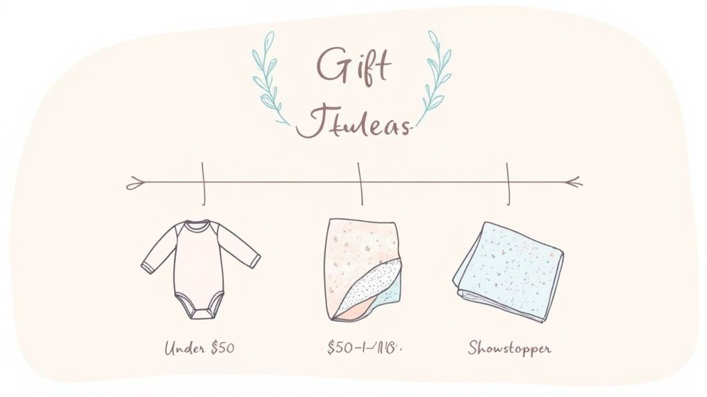 A beautifully wrapped baby shower gift featuring bamboo clothing and a small toy.