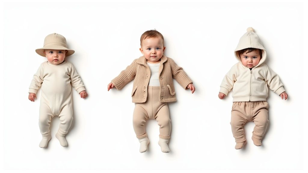 Three adorable babies in neutral-colored, cozy long-sleeve outfits, including a onesie, cardigan, and hoodie, on a white background.