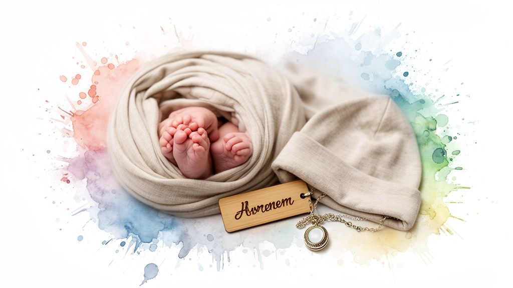 Newborn baby's tiny feet wrapped in a cozy beige blanket, alongside a beanie, wooden name tag, and locket.